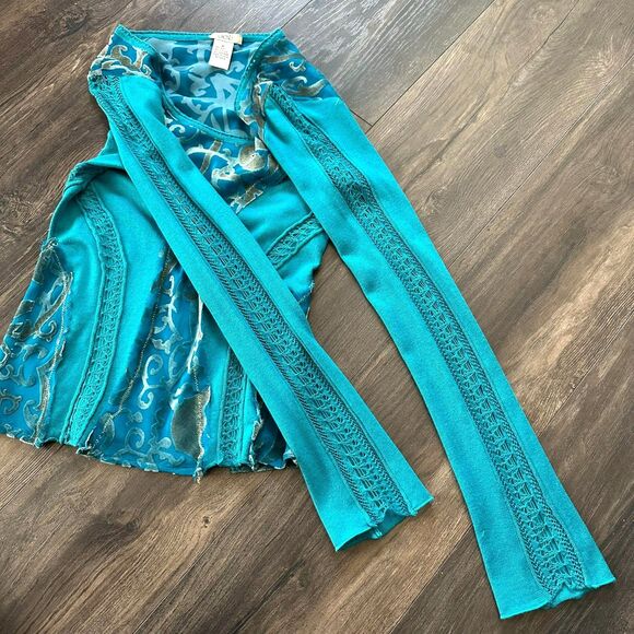 Vtg Cache Silk Cashmere Long Sleeve Shirt Blue Sheer Lace Velvet Blouse Medium - Picture 7 of 9